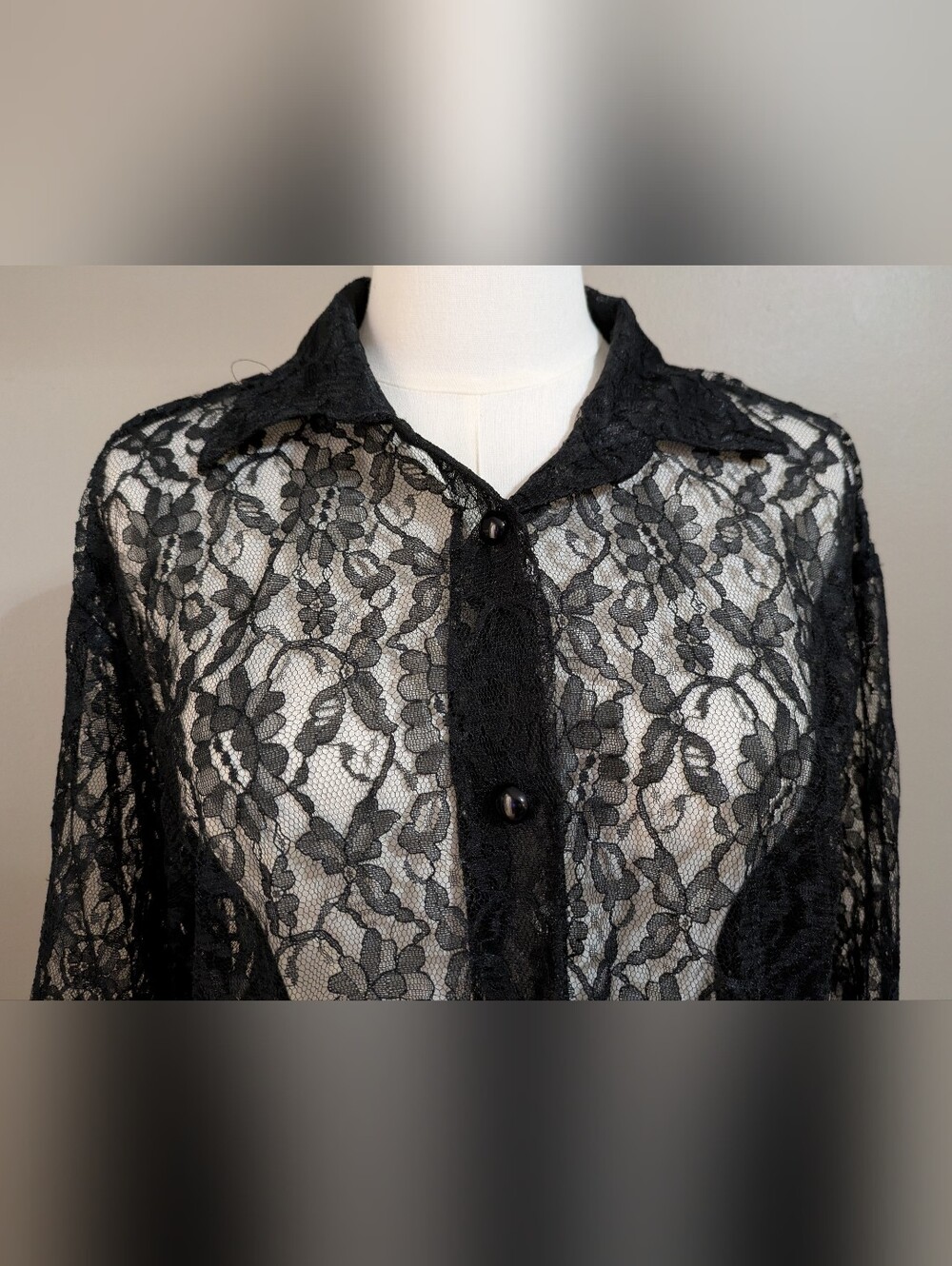 Marnie West Black Floral Lace Sheer Button-Down Collared Long Sleeve Blouse - Picture 2 of 7